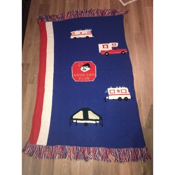 Vintage Good Sam Club Knit Throw Blanket Blue White Red 70s 80s Camping RV - Picture 3 of 7